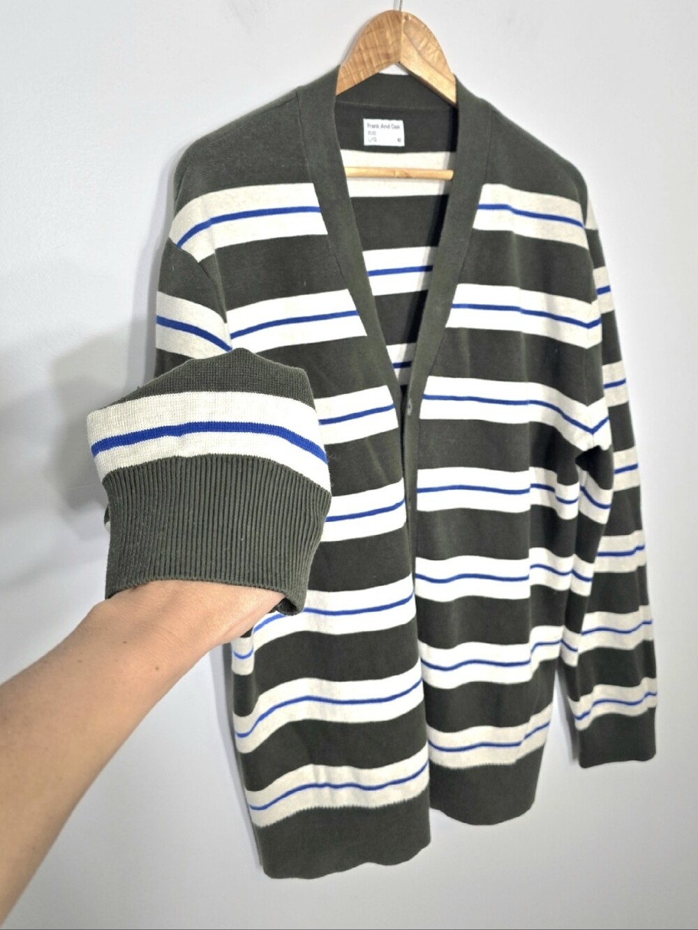 Frank And Oak Green Ivory Stripes Blue 100% Cotton Long Sleeve Button Cardigan L